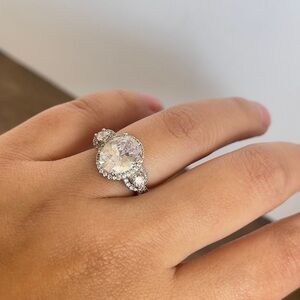 Stainless steel silver tone oval cut halo costume ring
